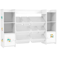 Qaba - Bibliothèque et organisateur de rangement pour jouets pour enfants, avec 8 bacs de rangement amovibles, étagères, 2 armoires - blanc-Combine une bibliothèque, des bacs à jouets et un placard pour un rangement polyvalent 