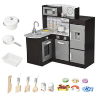 Qaba - Cuisine jouet pour enfants avec micro-ondes et réfrigérateur - brun foncé-Livré avec tous les outils et accessoires de jeu essentiels 
