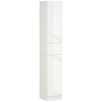 Kleankin - armoire de rangement de salle de bain haute avec portes et tiroir - blanc brillant-Armoire compacte et haute, idéale pour les espaces étroits 
