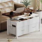 HOMCOM - Table basse relevable avec rangement et station de charge - blanc et brun rustique-Rangement spacieux comprenant trois compartiments et deux tiroirs en tissu