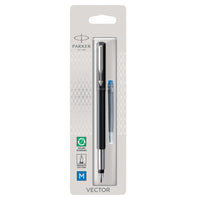 Parker − Stylo plume Vector − noir avec bordure chromée − pointe moyenne − encre bleue − languette à suspendre-Les couleurs audacieuses et modernes s’agencent à des conceptions intelligentes pour proposer une introduction accessible à l’écriture raffinée