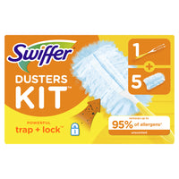 Trousse de départ 180 Dusters de Swiffer, non parfumé, paquet de 5-Les plumeaux multi-surfaces Swiffer 180 Dusters ATTIRENT ET EMPRISONNENT la poussière et les allergènes*.
* allergènes inanimés courants provenant des squames de chat et de chien et des acariens de la poussière