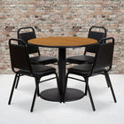 Flash Furniture – Table ronde de 36 po au dessus stratifié naturel avec base ronde et 4 chaises noires à dossier trapézoïdal-L’ensemble comprend 4 chaises de banquet, un dessus de table rond et une base ronde