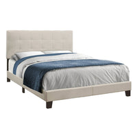 Monarch Specialties - 5921Q Lit Queen - Tissus Beige-Cadre de lit de à profil bas dans un magnifique tissu aspect lin beige - la tête de lit rembourrée est dotée d'un élégant design capitonné.
