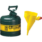 Justrite – Contenant de sécurité de type l avec tuyau, 2 gallons, 9 1/2 x 13 3/4 po, vert-Les canettes de sécurité de type l sont conçues avec un bec verseur simple pour remplir et verser tous les types de liquides inflammables