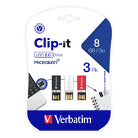 Verbatim - Clés USB Clip-it, 8 Go, paq./3-Lecteur USB unique qui combine la vitesse et la commodité inégalées d'une pince en format mémoire Flash