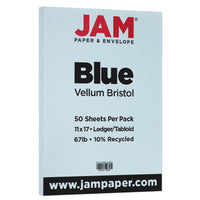 JAM Paper, Papier cartonné bristol de format tabloïde, fini vélin, 11 x 17 po, 65 lb, bleu, 50 feuilles (16932831)-Couleur : Couverture bleue de 65 lb