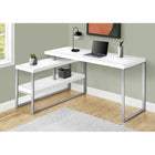 Monarch Specialties - 7585 Bureau 60 po L - Blanc/Metal Argent De Coin Cote D/G-L'espace de rangement comprend 2 étagères ouvertes qui peuvent être assemblées à gauche ou à droite