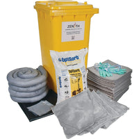 Zenith Safety – Trousses de déversement mobile, 63 gallons, universel, avec contenant mobile-Contenu : 100 feuilles absorbantes (15 x 17 po), 4 remblais tubulaires (3 x 120 po), 4 tampons absorbants (18 x 18 po), 1 tapis de canalisation (36 x 36 po), 1 Optisorb (sac de 25 lb), 2 paires de gants en nitrile, 2 T-grand (11), 2 combinaisons microporeuses, T-grand, 2 paires de lunettes de sécurité à coque (taille unique), 3 sacs à déchets (26 x 36 po)