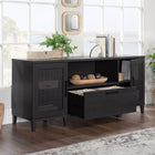Sauder - 433265 La Collection Tiffin Line Crédence - Finition Raven Oak - 2 boîtes-Tablette ouverte offre espace rangement supplémentaire.
