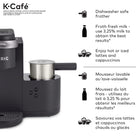 Keurig – Cafetière et machine à latte et cappuccino une tasse à la fois K-Café, charbon-Appuyez sur le bouton de café court (SHOT) pour infuser une dose de café concentré et faites mousser du lait frais, incluant du lait écrémé, et des boissons de soya et d'amande pour créer un latte onctueux ou un cappuccino mousseux.