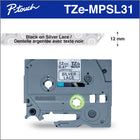 Brother TZeMPSL31 Ruban dentelle argentée avec texte noir authentique pour étiqueteuses P-touch, 12 mm de largeur-Parfait pour ajouter votre touche personnelle et décorative aux emballages cadeaux, cadeaux de fête, décoration intérieure, projets de scrapbooking, projets d'artisanat et bien plus encore