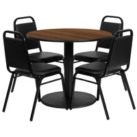 Flash Furniture – Table ronde de 36 po au dessus stratifié noyer avec base ronde et 4 chaises noires à dossier trapézoïdal-Armature de chaise et de table thermolaquée noire