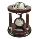 Elegance – Horloge et globe Galaxy de 8 po-Le riche fini lustré de la base en acajou comprend des détails argentés.