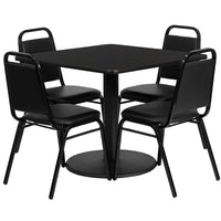 Flash Furniture – Table carrée de 36 po au dessus stratifié noir avec base ronde et 4 chaises noires à dossier trapézoïdal-Armature de chaise et de table thermolaquée noire