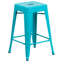 Tabouret de comptoir sans dossier de 24 po, intérieur/extérieur, bleu sarcelle brillant (ET-BT3503-24-CB-GG)-Tabouret moderne empilable de style industriel