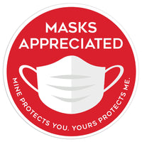 Eddie's - Masque apprécié - décalcomanie de distanciation sociale, 7,50 "de diamètre, vinyle, rouge / blanc, paquet de 4-Messagerie : Masques apprécié | Le mien vous protège, le vôtre me protège