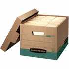 Boîte de rangement recyclée lettre/légal à usage intensif Bankers Box R-Kive, Kraft/vert, paquet de 4-Parois à double épaisseur sur la longueur, à triple épaisseur sur la largeur et avec un double fond pour résister aux manipulations fréquentes.