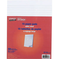 Staples - Tablettes de papier à réglage large, 8 3/8 po x 10 7/8 po, blanc, 50 feuilles, paquet de 15-Blocs de papier à réglage large pour prendre des notes, rédiger des ébauches ou écrire des mémos