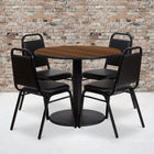 Flash Furniture – Table ronde de 36 po au dessus stratifié noyer avec base ronde et 4 chaises noires à dossier trapézoïdal-L’ensemble comprend 4 chaises de banquet, un dessus de table rond et une base ronde