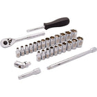 Dynamic Tools – Ensemble de 28 pièces, douilles 6 pans SAE/métriques standards, prise 1/4 po, 3/16 à 9/16 po, 4 à 15 mm-Contient : 10 douilles SAE standards : 3/16, 7/32, 1/4, 9/32, 5/16, 11/32, 3/8, 7/16, 1/2, 9/16 (po) ; 13 douilles métriques standards : 4, 5, 5,5, 6, 7, 8, 9, 10, 11, 12, 13, 14, 15 (mm) ; rallonges de 2 po et 6 po, tournevis, joint universel, clé à cliquet chromée 45 dents