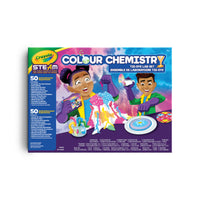 Crayola - Ensemble de laboratoire tie-dye Colour Chemistry-3 encres neon, reservoirs, 3 crayons de cire neon, feuille de satin, carton pour kaleidoscope, bandelette de 6 pots à melanger les couleurs, roue de Benham, cercle chromatique, disques de papier, pot presentoir et capuchon, capuchon-buse, cheminee de volcan en plastique, pâte Model Magic, 9 pastilles effervescentes, tube d'alginate, chlorure de calcium, becher 100 mL, cylindre 60 mL, pipette 3 mL, bouteille 2 oz, bouteille 3 oz, pinceau, guide des e