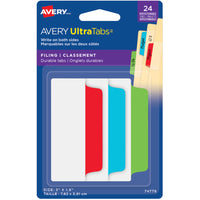 Avery - Ultra Tabs - 3 po x 1½ po Onglets de Classement, Repositionnables, Marquables Sur Les Deux Côtés, Couleurs Primaires, Paquet de 24-Couleurs primaires : vert, bleu et rouge