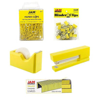 JAM Paper – Trousse de démarrage pour bureau, jaune (338756ye)-Comprend des trombones, des pinces relieuses, un distributeur de ruban, une agrafeuse et des agrafes