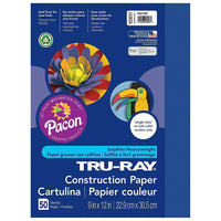 Papier de construction Pacon Tru-Ray, 9" x 12", bleu royal, 250 feuilles-Papier au sulfite épais de 76 lb, 100 % teint en cuve avec des fibres plus longues et plus résistantes.