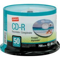 Staples - CD-R 52x 700 Mo/80 min., imprimables, paq. cyl./50-Les disques blancs imprimables au jet d’encre offrent 52 vitesses d’écriture