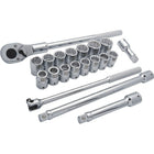 Dynamic Tools – Ensemble de 20 pièces, douilles métriques 12 pans longueur standard, à prise de 3/4 po, 19 mm à 36 mm-Contient (mm) : 19, 20, 21, 22, 23, 24, 25, 26, 27, 28, 29, 30, 32, 35, 36 ; rallonges de 4 po, 8 po et 16 po, poignée articulée, clé à cliquet 24 dents