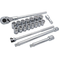 Dynamic Tools – Ensemble de 20 pièces, douilles métriques 12 pans longueur standard, à prise de 3/4 po, 19 mm à 36 mm-Contient (mm) : 19, 20, 21, 22, 23, 24, 25, 26, 27, 28, 29, 30, 32, 35, 36 ; rallonges de 4 po, 8 po et 16 po, poignée articulée, clé à cliquet 24 dents