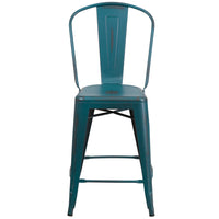 Flash Furniture – Tabouret de comptoir de 24 po avec dossier, pour l’intérieur, métal vieilli, bleu Kelly (ET353424KB)-Tabouret de comptoir de style bistro