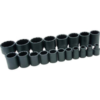19douilles 3/8 à 11/2po à 12pans, prise 1/2po-1