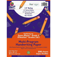 Papier D'Écriture Multi-Programmes Pacon 1/2 po A Statué Blanc, Paquet de 1000 (PAC2422)-Du papier de tablette brillant régnait sur les deux côtés avec des lignes de base rouges, des lignes centrales pointillées bleues et des gros titres bleus.