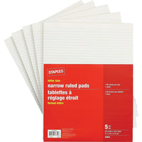 StaplesMD – Blocs de papier blanc de format lettre à réglage étroit, 96 feuilles, paq./5-Bloc-notes format lettre papier blanc comporte du papier blanc avec réglure étroite